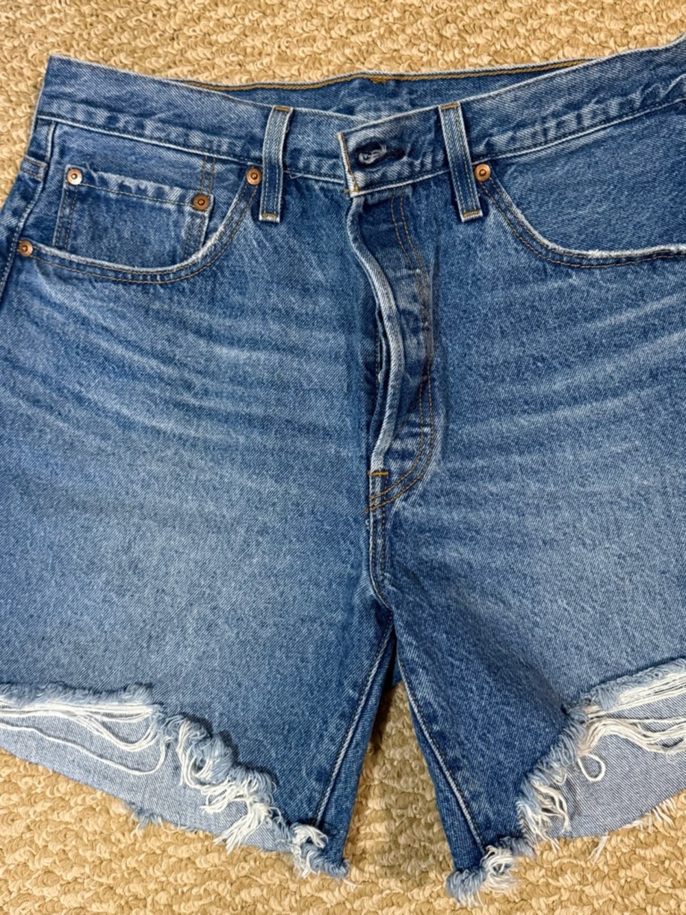 Levi's Medium Blue High-Rise Frayed Denim Cutoff Shorts